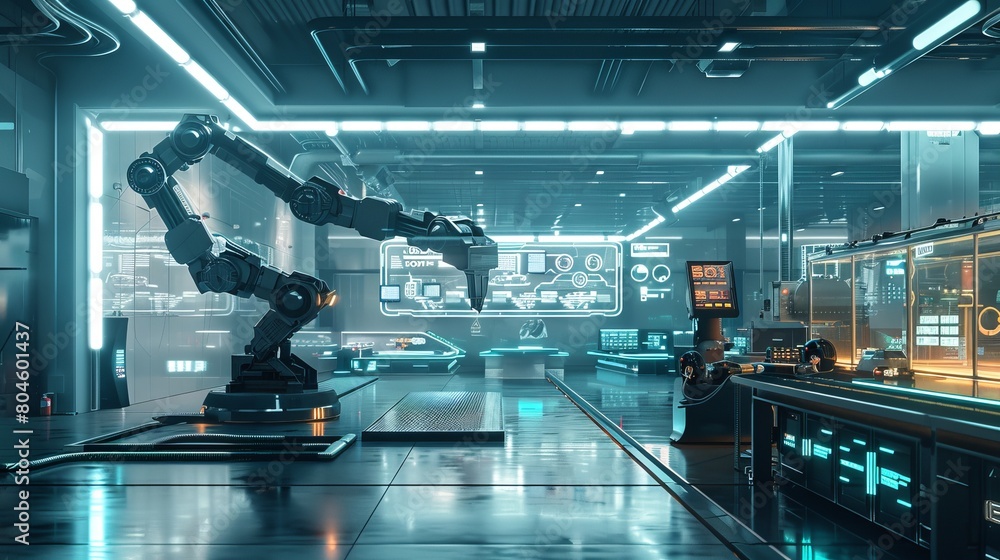 Poster a futuristic factory or workshop is depicted with assembly robot arms and a virtual interface, repre
