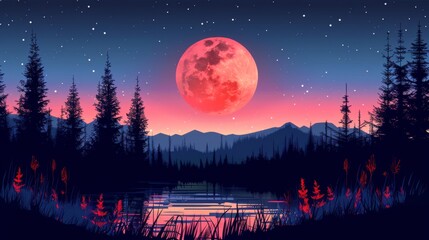 A full moon over a lake in the woods at night, AI