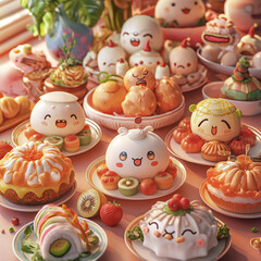 Obraz premium Una rica imagen de un montón de platillos japoneses exóticos, con caritas felices