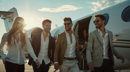 A group of men and women walking towards a private jet. Suitable for travel and luxury lifestyle concepts