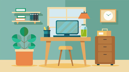 Fototapeta premium An ecofriendly home office equipped with a secondhand wooden standing desk and a repurposed glass jar pencil holder.. Vector illustration
