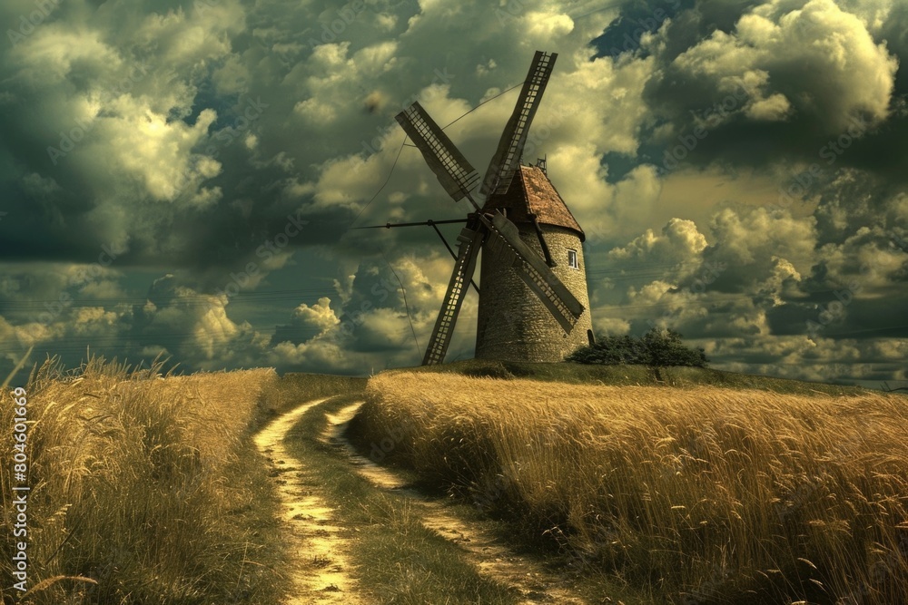 Poster a scenic view of a windmill standing tall in a vast wheat field. ideal for agricultural concepts