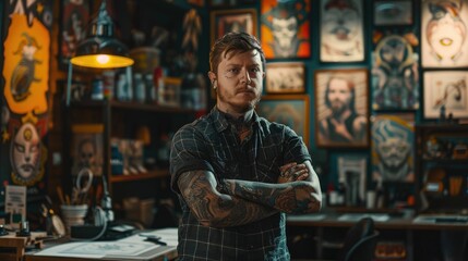 The picture of the tattoo artist is working inside the workshop that has been filled with various tattoo, the tattoo artist require skill like safety, creativity and tattoo painting technique. AIG43.