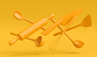 Wooden kitchen utensils, tools and equipment on yellow monochrome background.