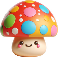 3D rendering of a cute cartoon mushroom. The mushroom has a red cap with polka dots of various colors. The stem is white and the mushroom has a happy face.