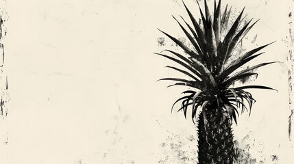   A palm tree depicted in black and white against a pure white background, with a grunge texture applied to its bottom