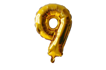 isolated golden balloon number 9 for celebration on transparent background. balloon in the shape of the number nine