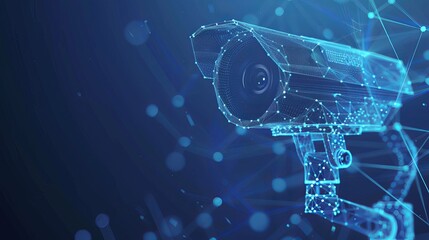A low polygon CCTV security camera wireframe mesh displayed on a blue background.