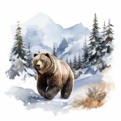 Brown bear. Bear in winter clipart. Watercolor illustration. Generative AI. Detailed illustration.