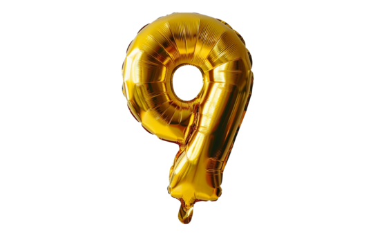 isolated golden balloon number 9 for celebration on transparent background. balloon in the shape of the number nine
