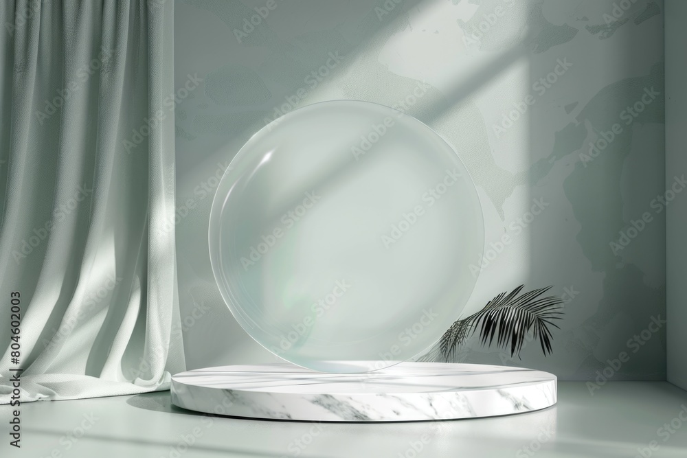Poster a simple white round table with a green plant in a pot. suitable for interior design concepts