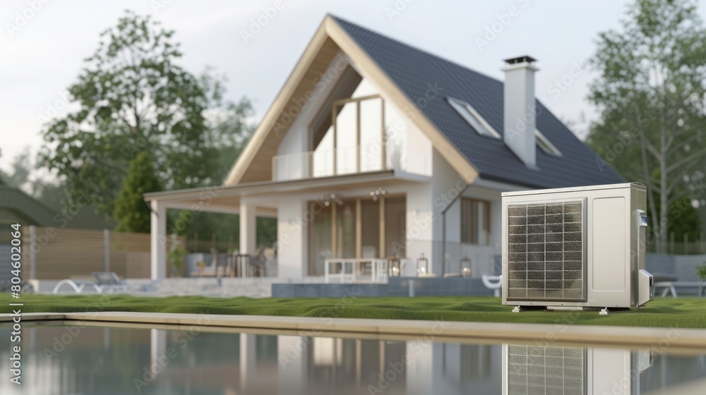 Poster a modern house with a pool in front of it. suitable for real estate advertisements