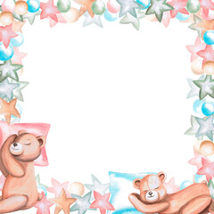 Square frame of balls, stars, sleeping bears in watercolor illustration in pastel colors on a white background. Hand drawn children's cards, invitations, decorations for children's parties.