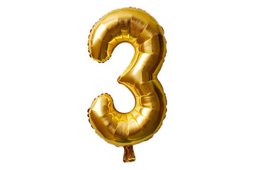 isolated golden balloon number 3 for celebration on transparent background. balloon in the shape of the number three