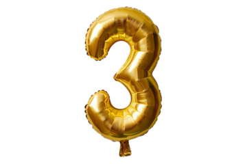 isolated golden balloon number 3 for celebration on transparent background. balloon in the shape of the number three