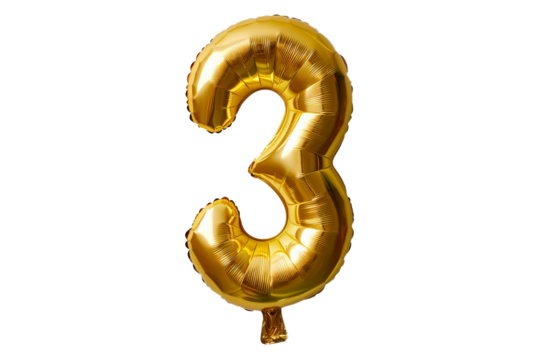 isolated golden balloon number 3 for celebration on transparent background. balloon in the shape of the number three