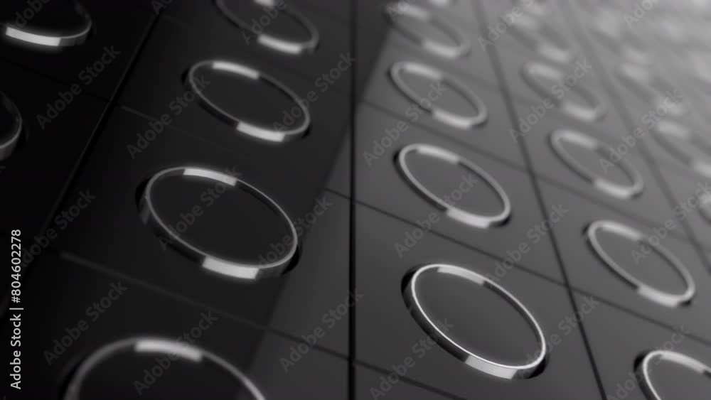 Poster seamless looping 3d animation of an abstract background with silver circles on black metallic backgr