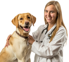 Female veterinarian examining a dog cut out on transparent background
