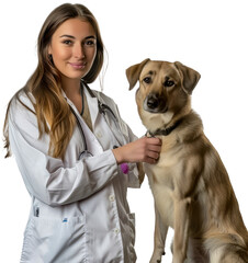 Female veterinarian examining a dog cut out on transparent background
