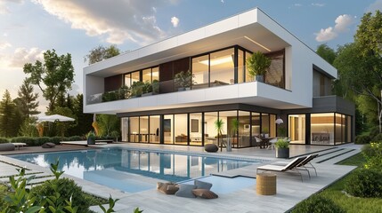 A modern home with an exterior showcasing a swimming pool.