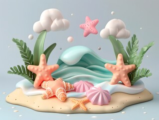 3D scene with beach background, waves and sea elements