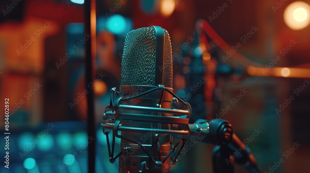 Poster A microphone in a recording studio, suitable for music or podcasting projects