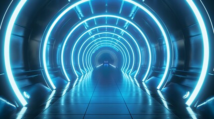 A modern sci-fi futuristic scene is illustrated with blue neon glowing laser circle lights in a stage showroom underground technology background tunnel corridor in this 3D rendering.