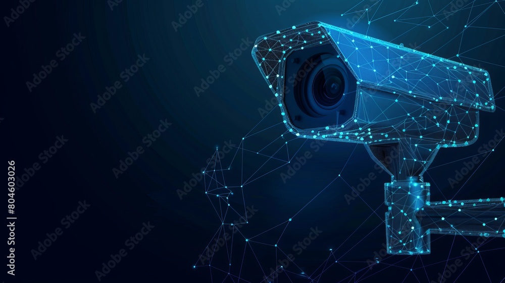 Poster a rendition of camera technology safety, featuring a low poly wireframe mesh design set against a da
