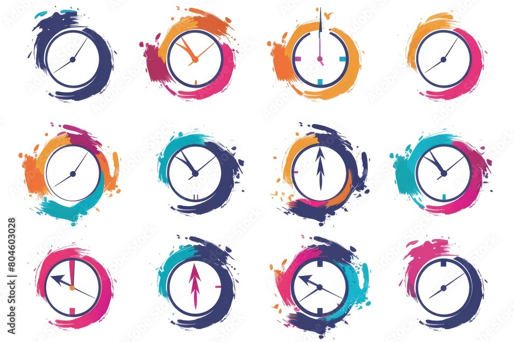 Aufkleber set of nine different colored clocks, perfect for time management concepts