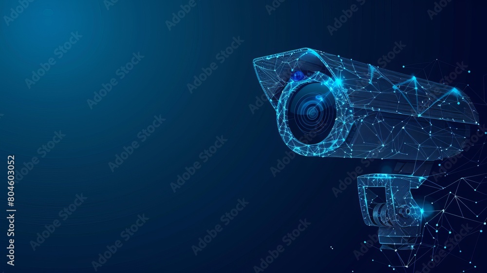 Poster a rendition of camera technology safety, featuring a low poly wireframe mesh design set against a da