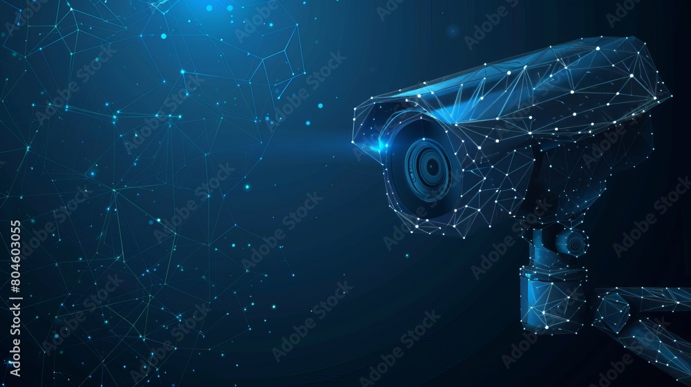 Poster a rendition of camera technology safety, featuring a low poly wireframe mesh design set against a da