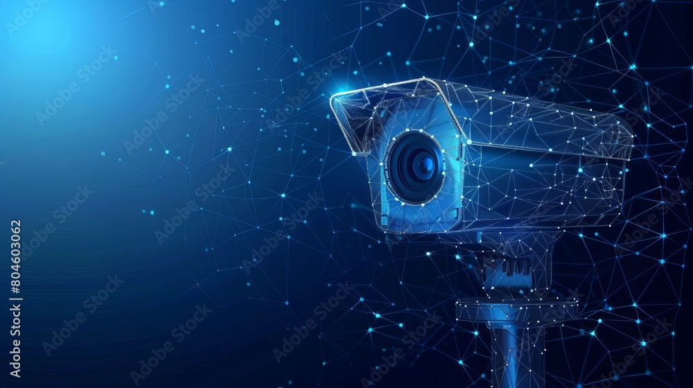 Poster a rendition of camera technology safety, featuring a low poly wireframe mesh design set against a da