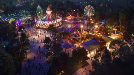A birds eye view of a bustling amusement park at night, lit up with colorful lights and vibrant displays, showcasing spinning rides and crowds of people enjoying the attractions.