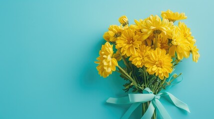 A vibrant bouquet of yellow chrysanthemums adorned with a ribbon pops against a turquoise background perfect for gifting on occasions like Mother s Day Women s Day or any festive celebratio