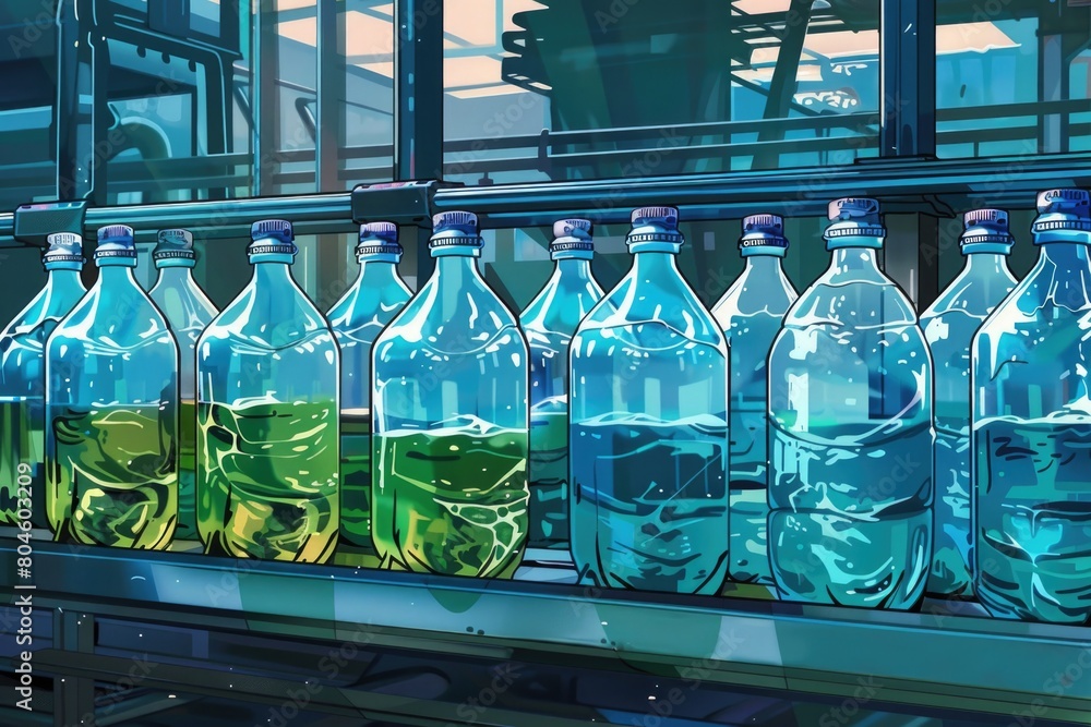 Poster Row of bottles filled with different colored liquids, suitable for various projects