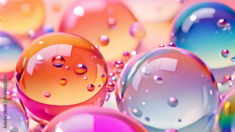 Poster pink holographic bubbles floating on the soft colorful abstract background in beautiful vivid tones