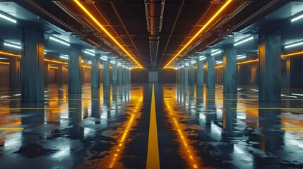 Sci Fi Futuristic Modern Parking Neon Glowing Laser Orange Yellow Cement Concrete Reflective Dark Underground Car Showroom Warehouse Garage Background 3D Rendering Illustration