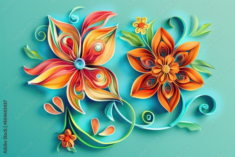 Canvas Prints Two vibrant paper flowers on a serene blue backdrop. Perfect for creative projects and floral-themed designs