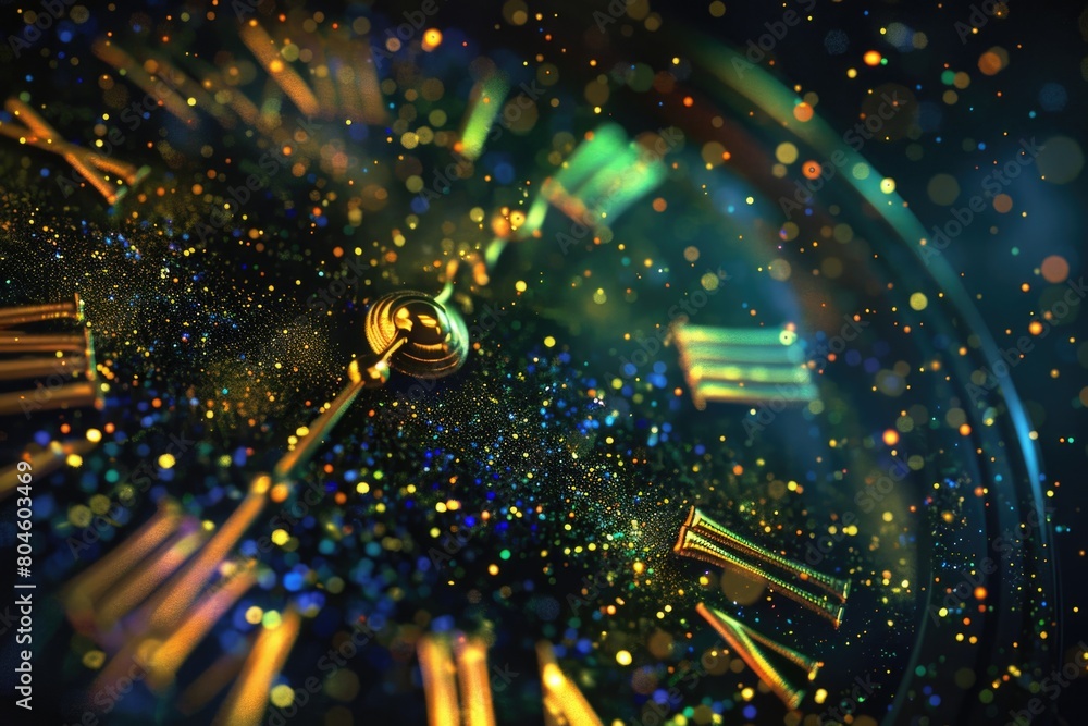 Poster Close up view of a clock face with golden and blue lights, suitable for time management concepts