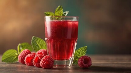 Raspberry juice in glass with mint leaves on blurred background for text space