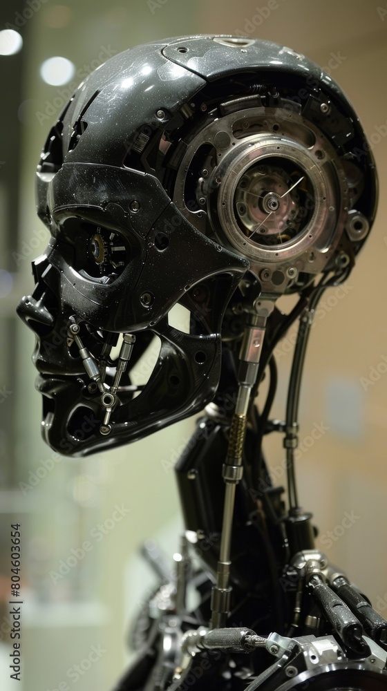 Poster a close up of a robot head with gears and wires, ai