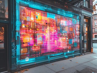 Illustrate a side view of street art infused with AI concepts, where colors pop against a digital backdrop Experiment with unexpected camera angles to create a dynamic composition that sparks curiosit