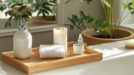 A wooden bath tray featuring a candle, air freshener, and bathroom amenities is placed on the tub indoors.