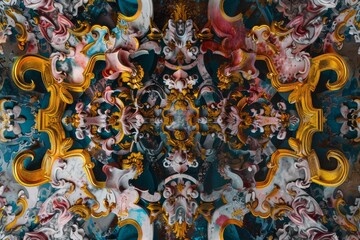 Fototapeta premium Lavish antique baroque, barocco ornate marble ceiling non linear reformation design. elaborate ceiling with intricate accents depicting classic elegance and architectural beauty