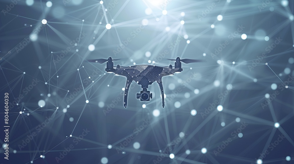 Poster abstract representation of a drone with an action video camera, depicted with connecting dots and li