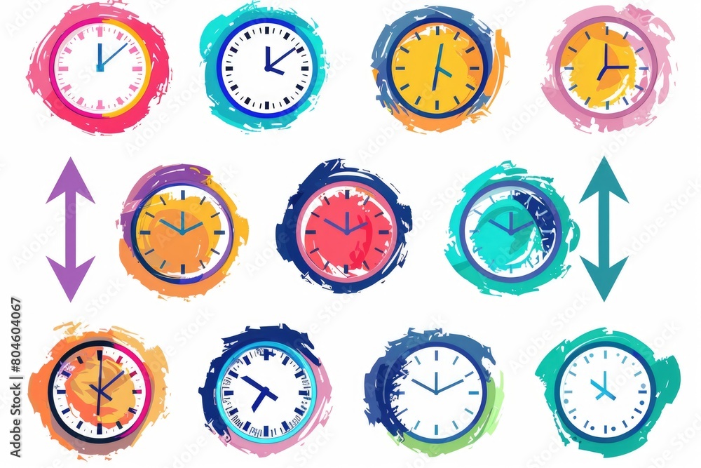Poster various colored clocks on a plain white surface. perfect for time management concepts