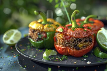 A black plate with three stuffed peppers. Great for food blogs