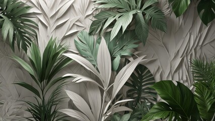 3d white green geometric floral tropical leaves wall texture for modern interiors