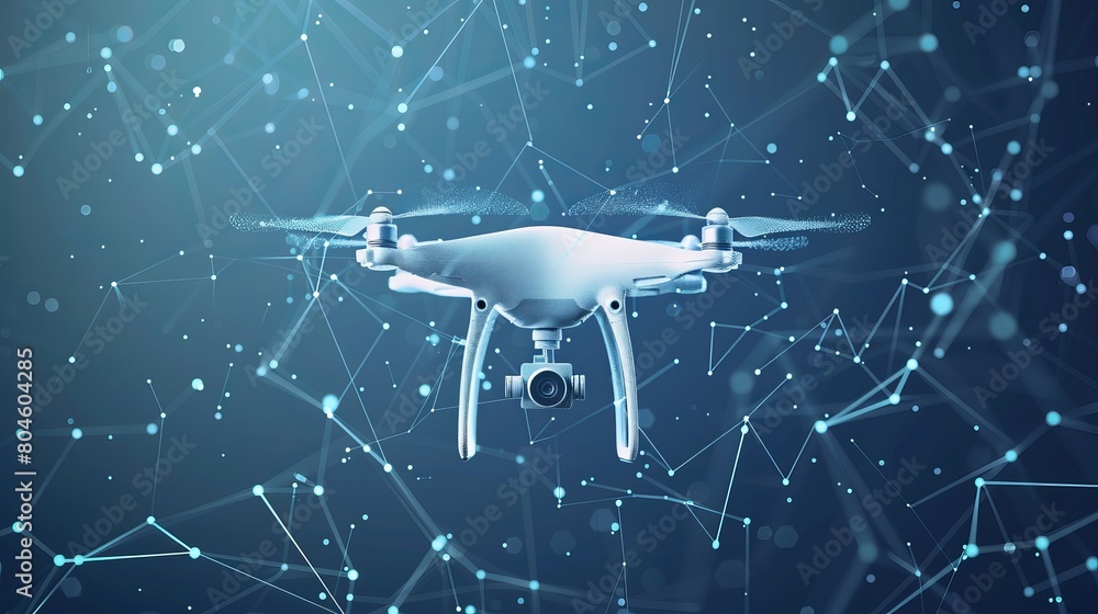 Poster abstract representation of a drone with an action video camera, depicted with connecting dots and li