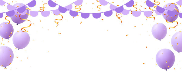 purple balloons and bunting hanging garland flag, gold ribbons and confetti decoration background
